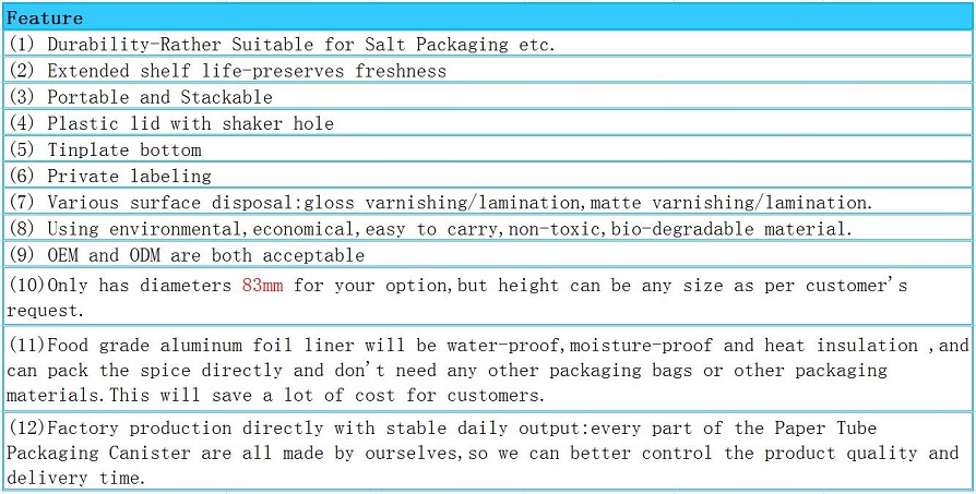 Feature of Table Salt Packaging Paper Tube